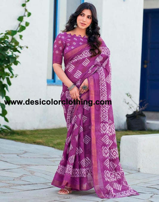 Purple Printed Cotton Saree
