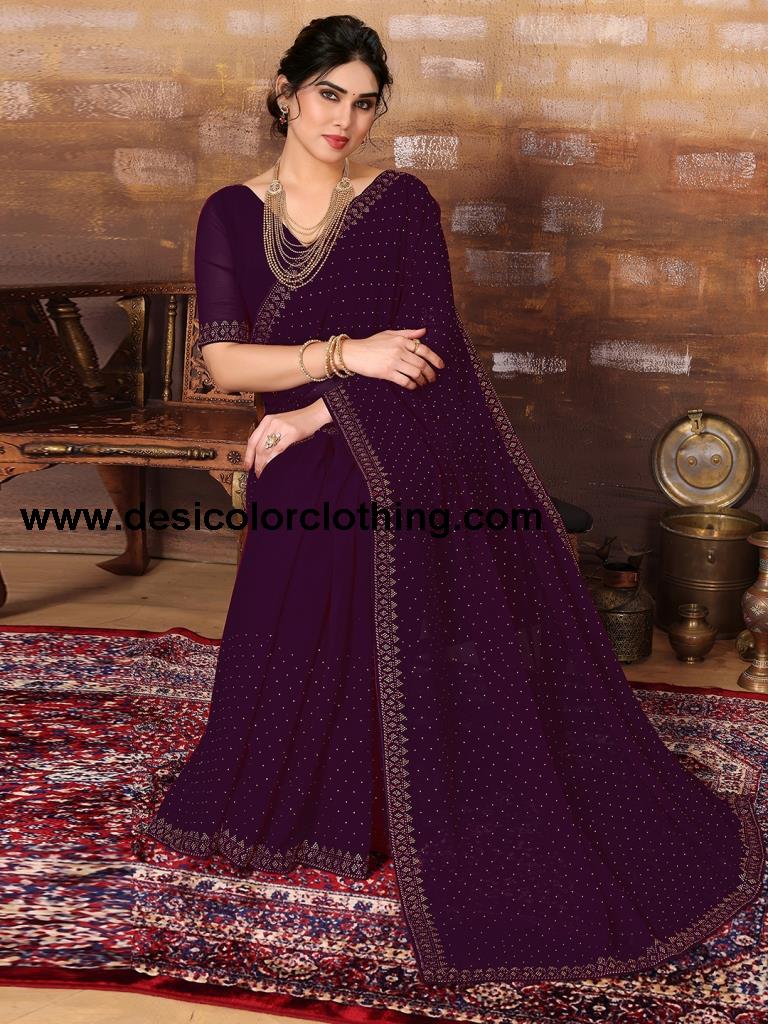 Wine Plain Georgette Saree