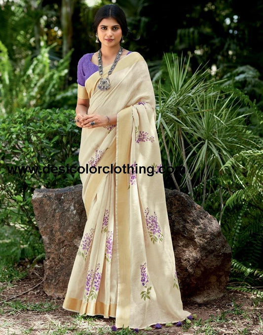 Cream Cotton Printed  Saree