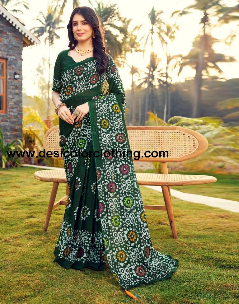Bottle Green Cotton Printed Ready To Wear