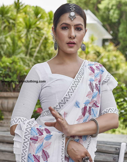 White Embroidery Georgette Stone Work Saree