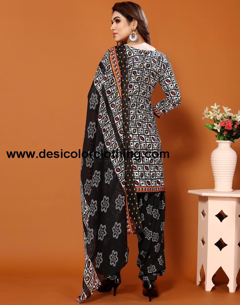 Black Printed Cotton Unstitched Salwar Suit Material