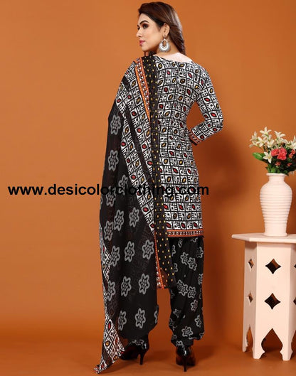 Black Printed Cotton Unstitched Salwar Suit Material