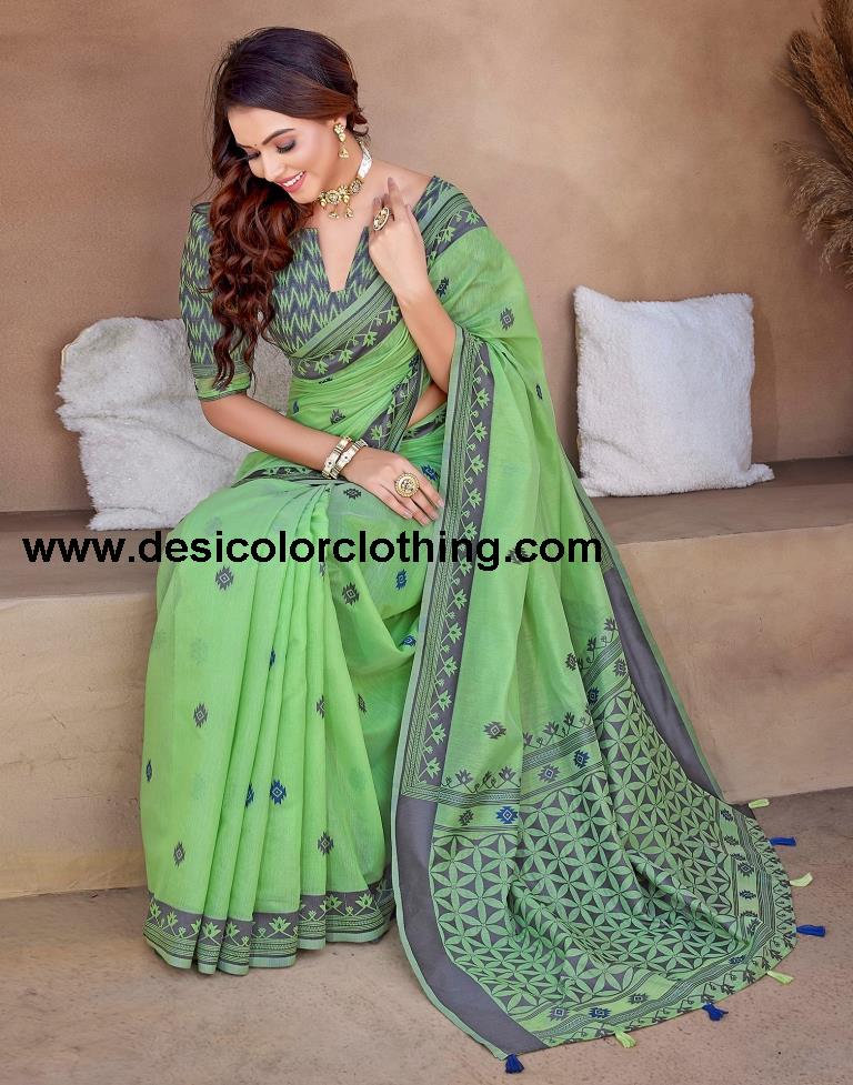 Pista Green Silk Plain Sarees
