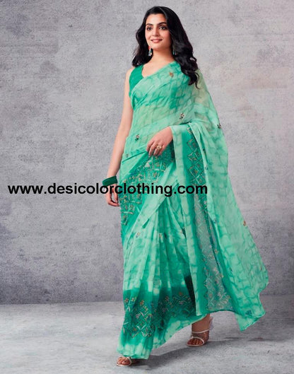 Turquoise Georgette Printed  Saree