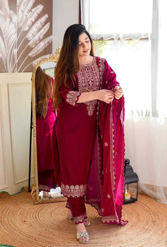 Product Image - Designer Velvet Top-Pant Dupatta Set for Weddings and Festive Wear