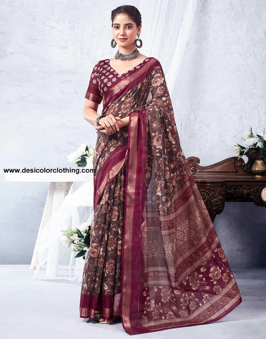 Wine Printed Cotton Saree