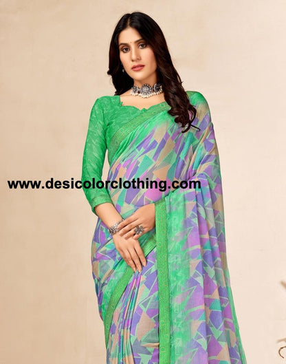 Turquoise Green Chiffon Saree