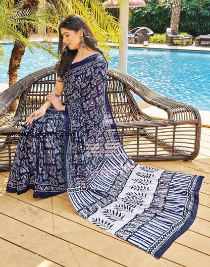 Dark Blue Printed Cotton Pre-Draped Saree