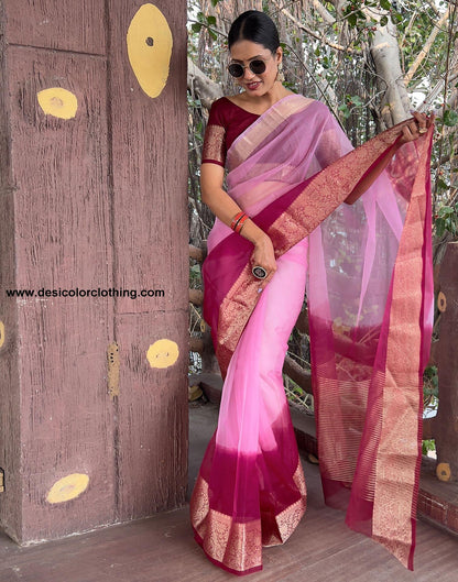 Wine Plain Organza Saree