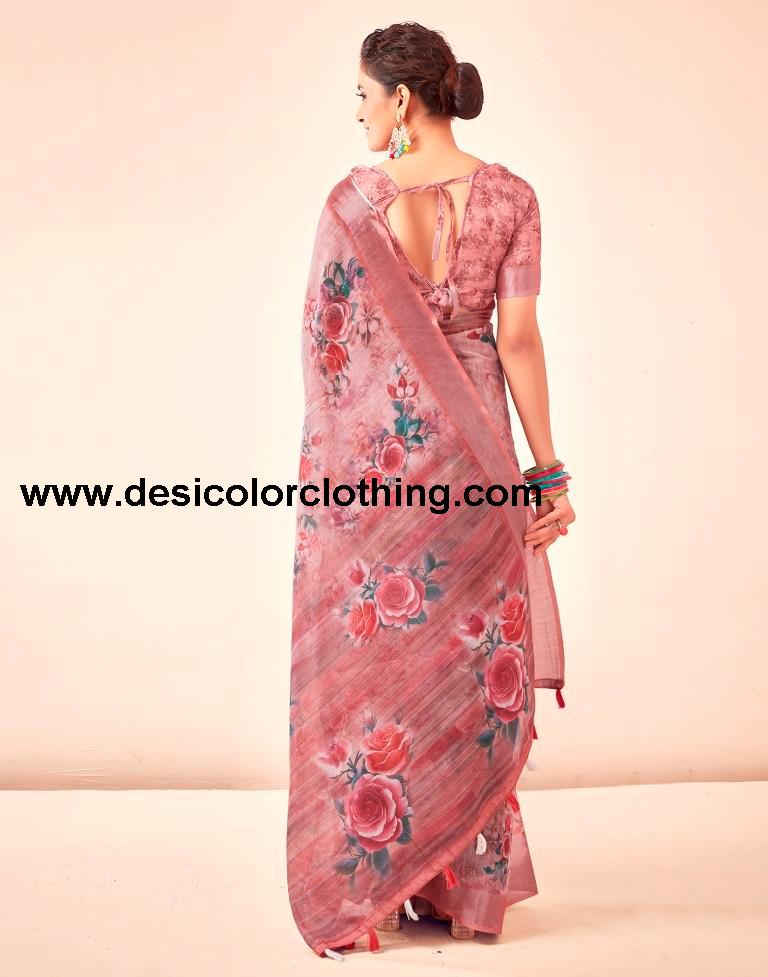 Rose Pink Linen Printed Sarees