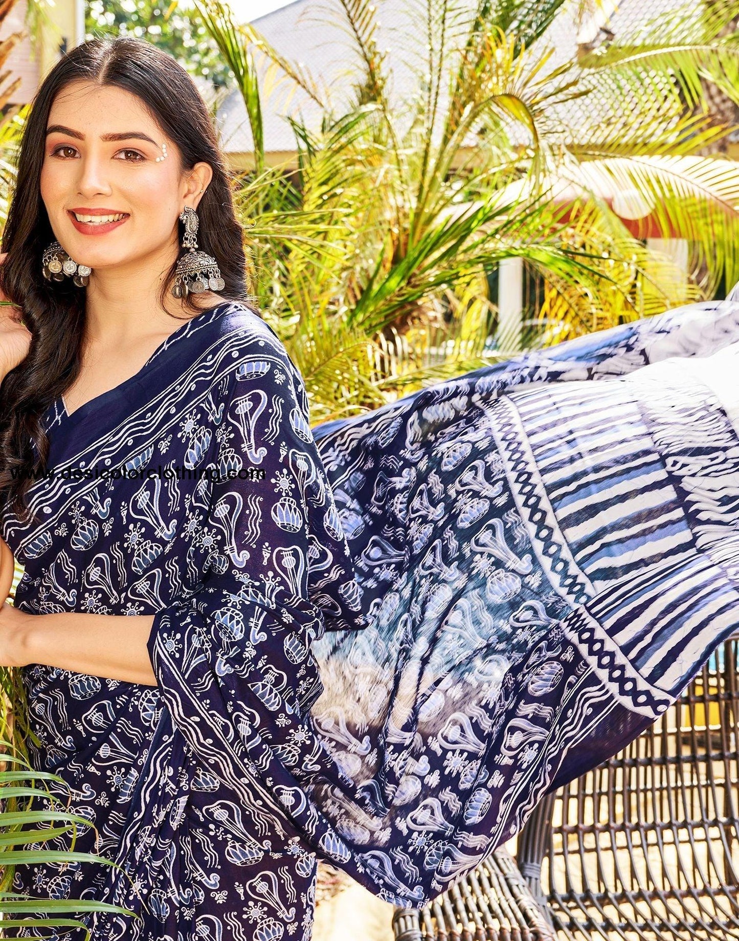 Dark Blue Printed Cotton Pre-Draped Saree