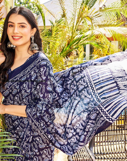 Dark Blue Printed Cotton Pre-Draped Saree
