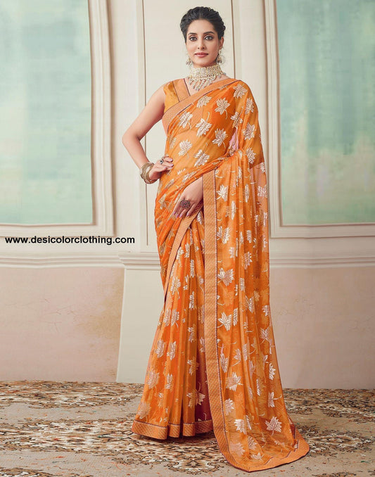 Orange Plain Lycra Saree