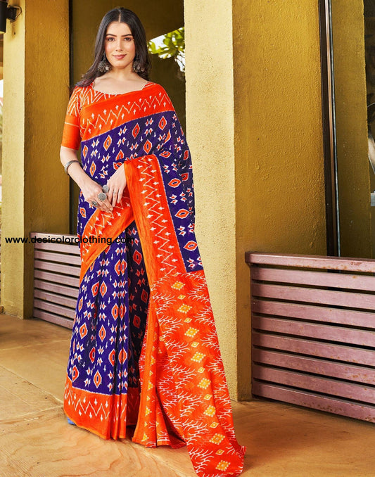 Violet Printed Cotton Pre-draped Saree