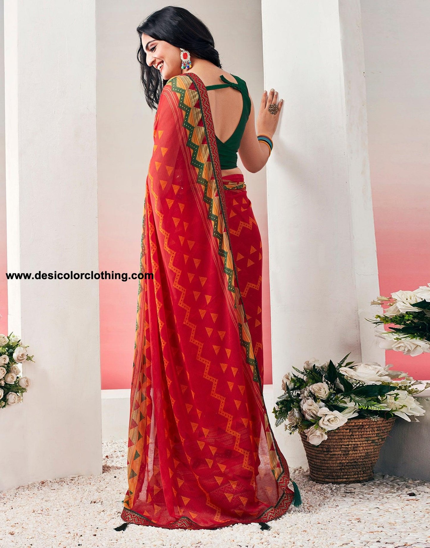 Red Chiffon Printed Saree