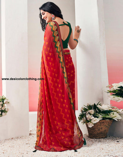 Red Chiffon Printed Saree