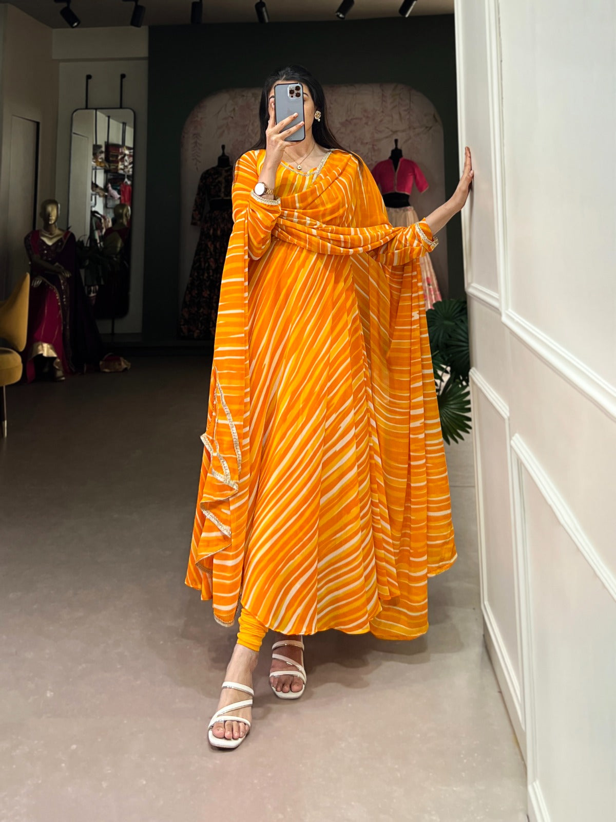 Product Image - Elegant Georgette Gown with Leheriya Print - Festive Wear