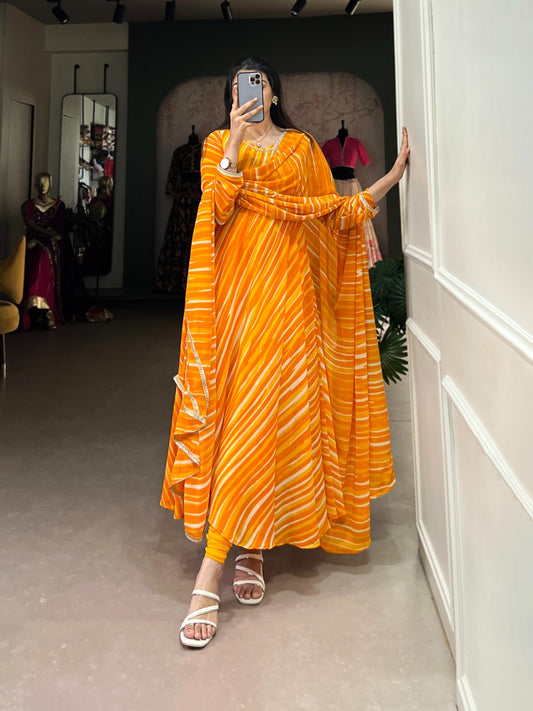 Product Image - Elegant Georgette Gown with Leheriya Print - Festive Wear