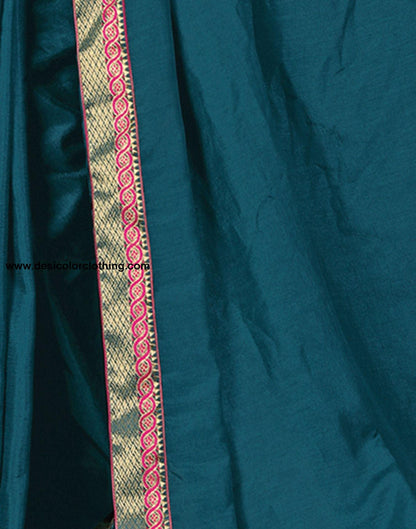 Rani Pink Art Silk Blouse with Dark Teal Blue Poly Silk Saree