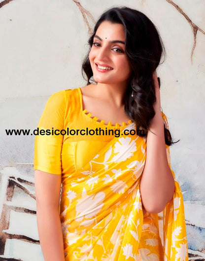 Yellow Georgette Printed  Saree