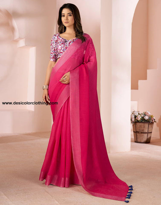 Pink Linen Plain Saree