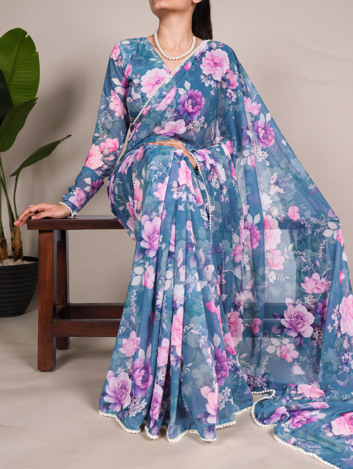 Product Image - Elegant Weightless Marbal Georgette Saree with Pearl Lace Border