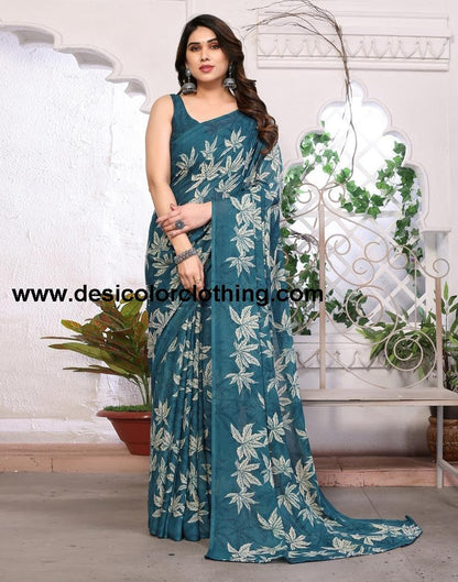 Teal Georgette Floral Printed Saree