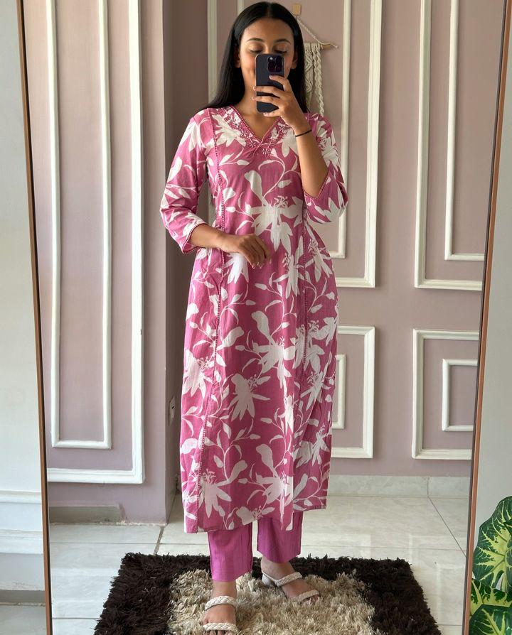 Product Image - Designer Cotton Kurti Set - Floral Print & Comfort Fit
