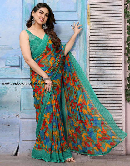 Rama Green Georgette Printed Saree
