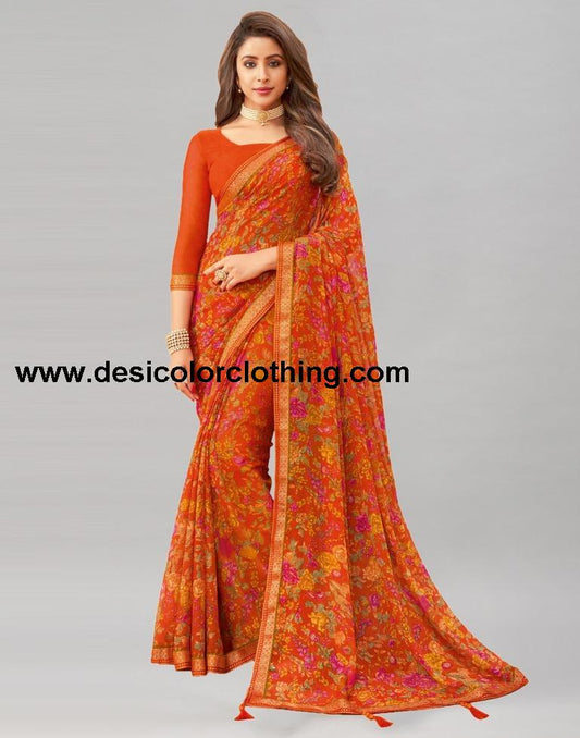 Orange Printed Chiffon Saree | 1976S512