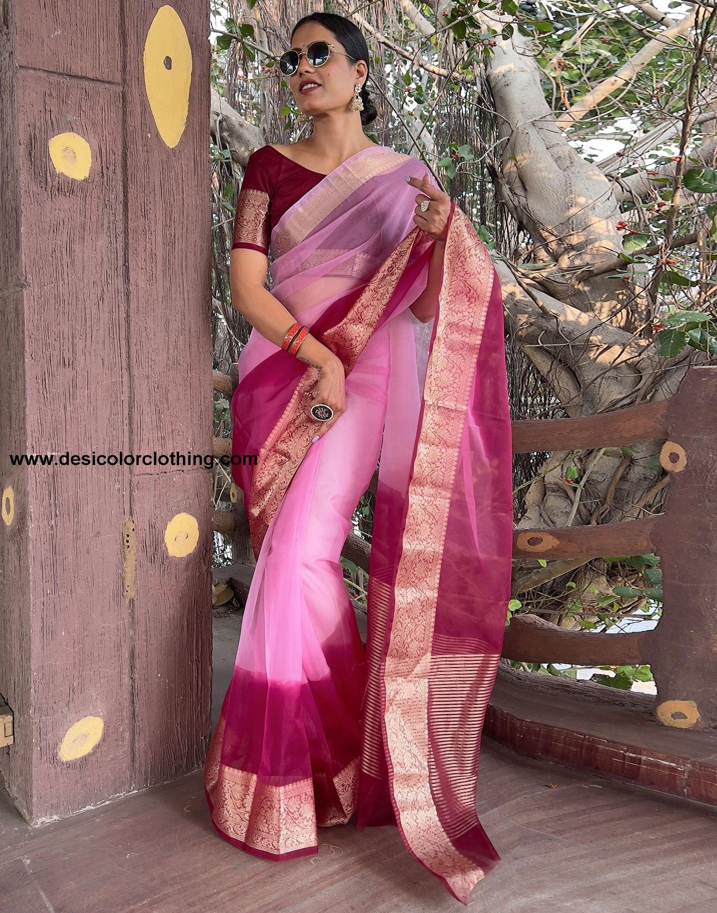 Wine Plain Organza Saree