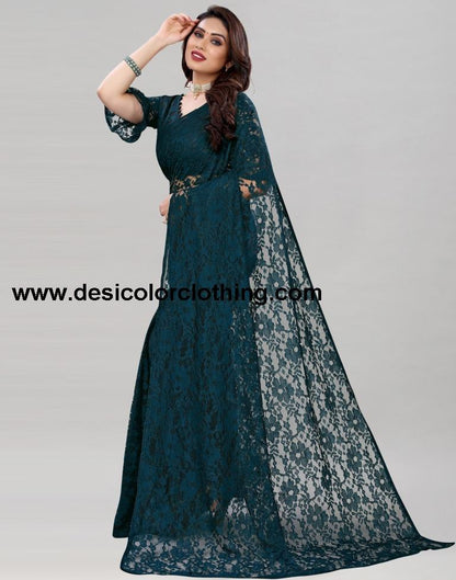 Dark Pine Green Coloured Russel Net Partywear saree