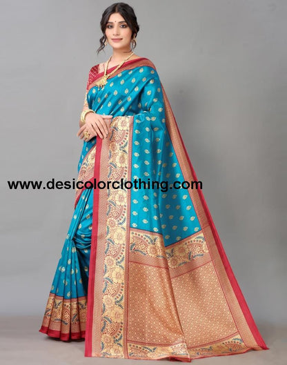 Peacock Blue And Beige Silk Saree