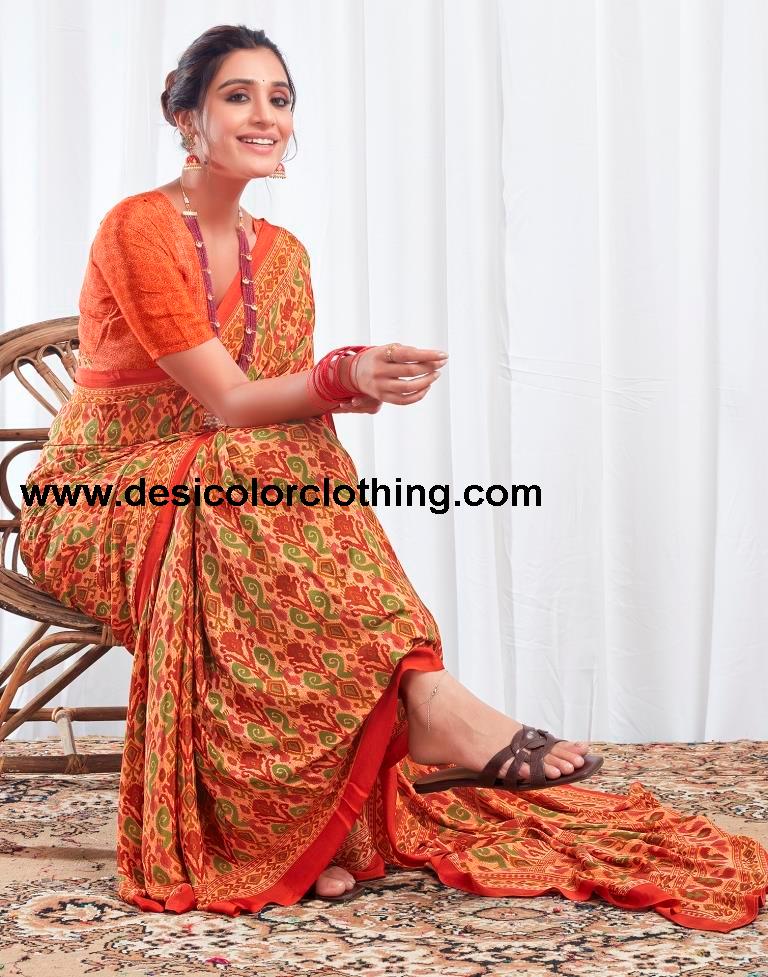 Rust Silk Printed Sarees