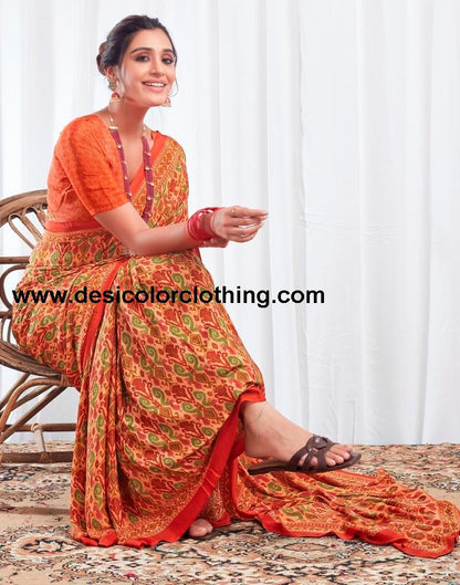 Rust Silk Printed Sarees