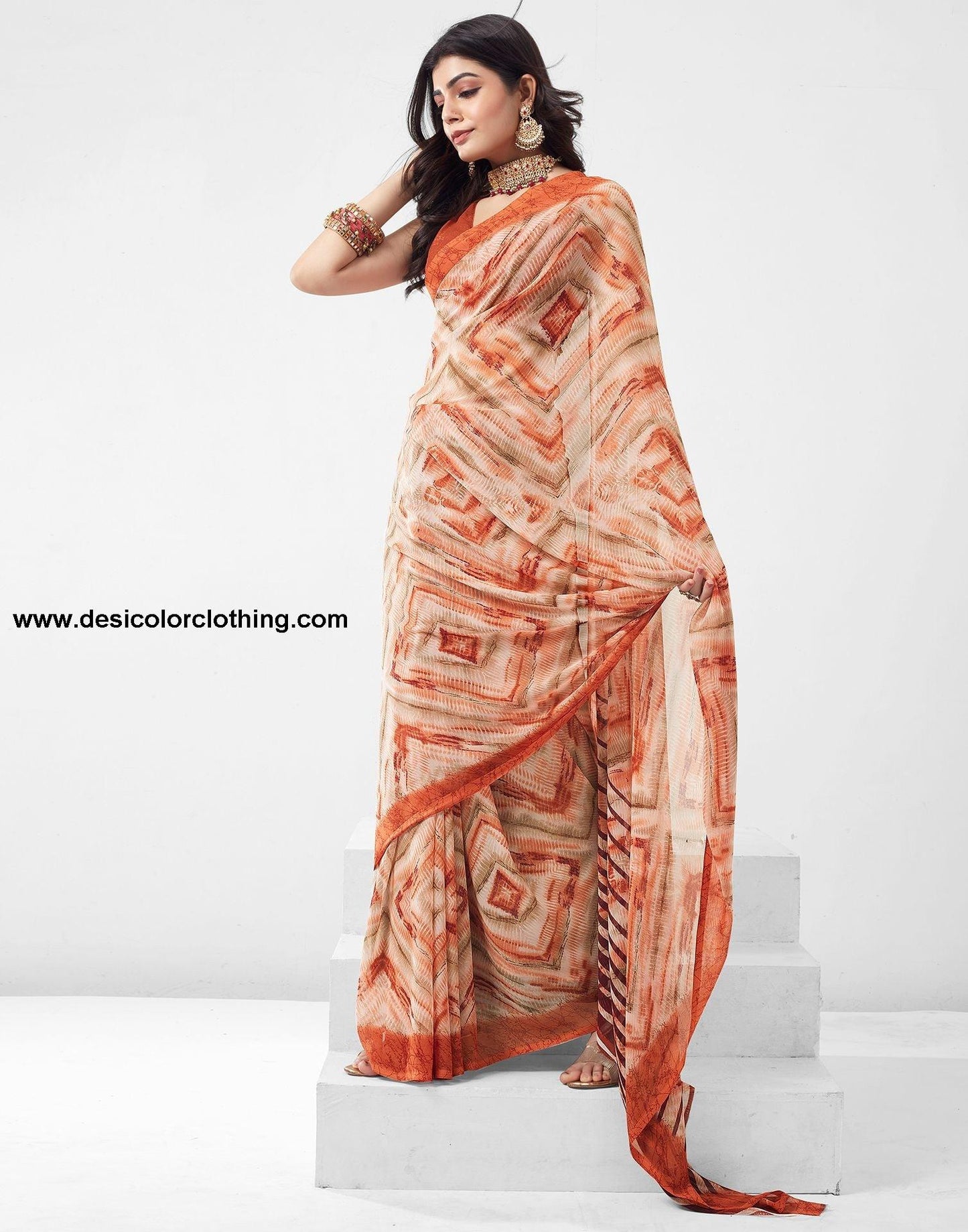 Rust Printed Georgette Saree