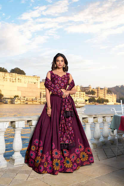 Product Image - Designer Floral Printed Lehenga Choli in Tussar Silk for Festive & Wedding Wear