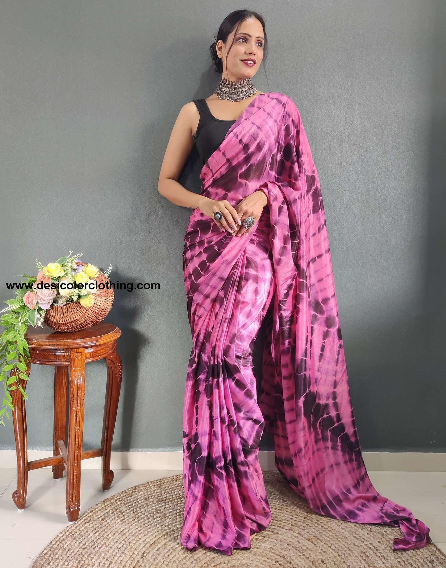 Pink Printed Silk Pre-draped Saree