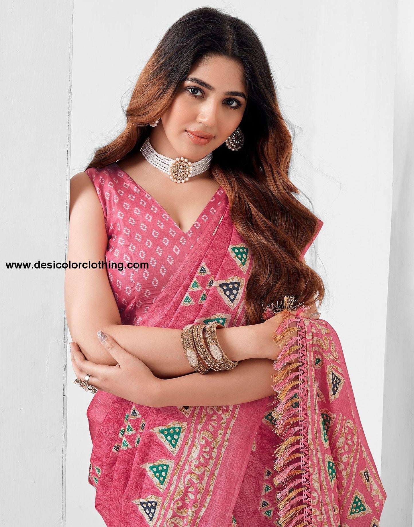 Pink Printed Silk Saree