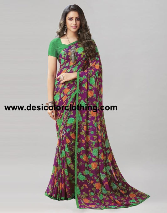 Dark Purple Coloured Georgette Floral Printed Saree | SLV2207S959