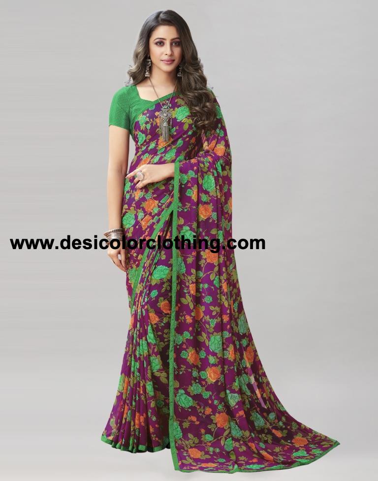 Dark Purple Coloured Georgette Floral Printed Saree | SLV2207S959