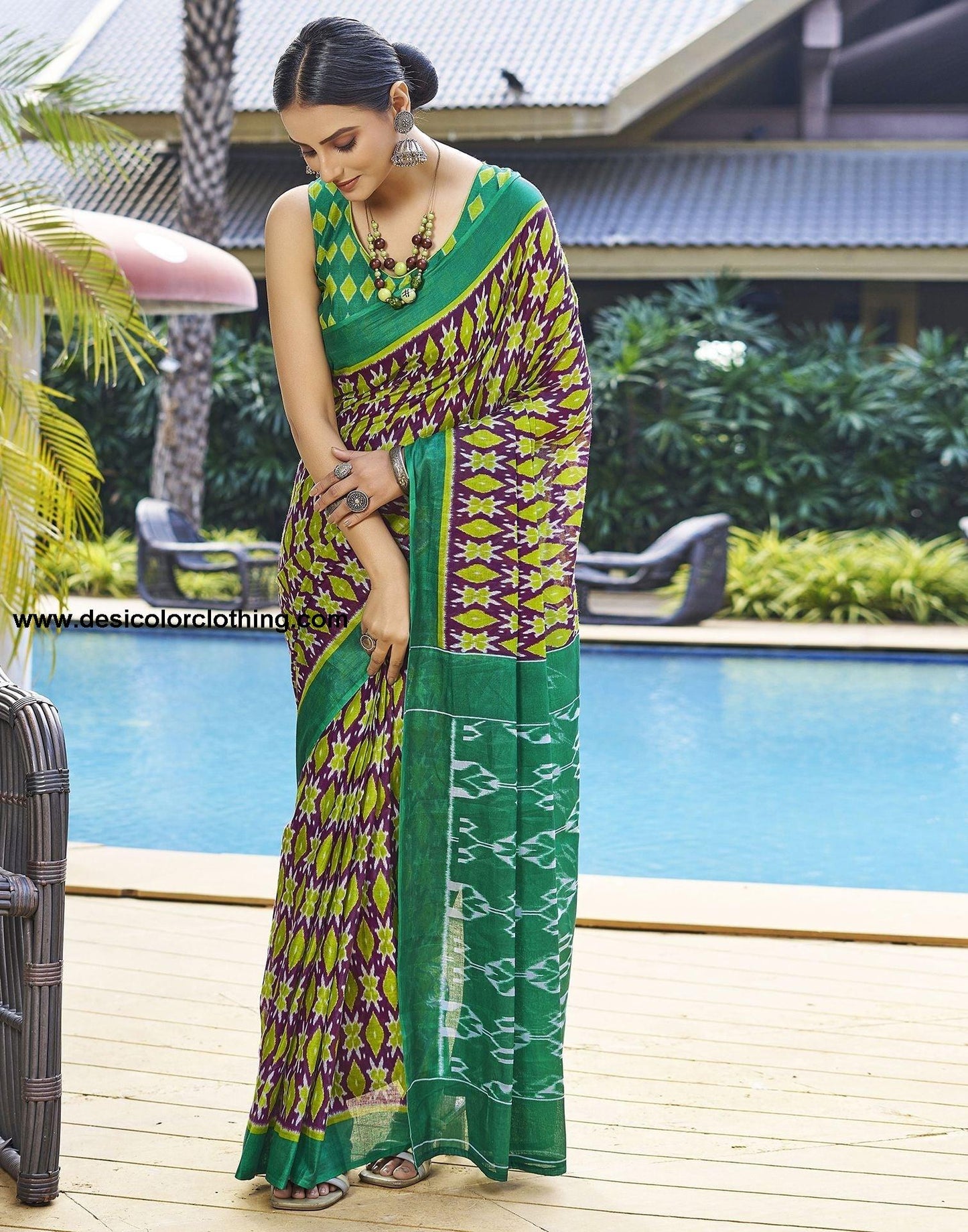 Purple Printed Cotton Pre-draped Saree