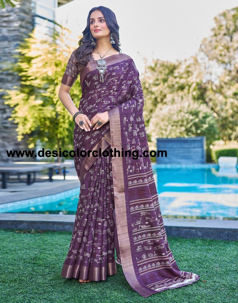 Deep Purple Silk Printed Saree