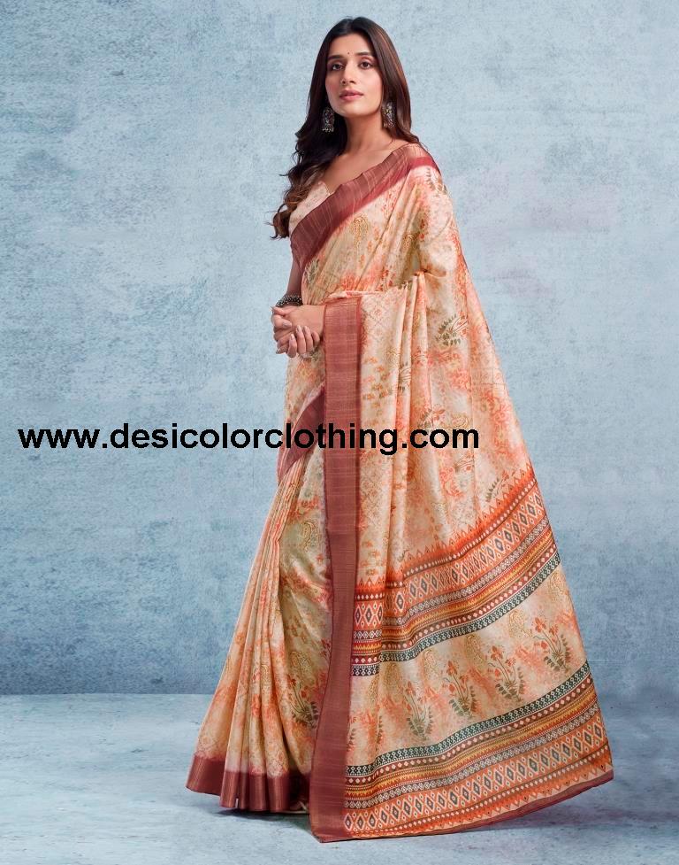 Cream Silk Printed  Saree