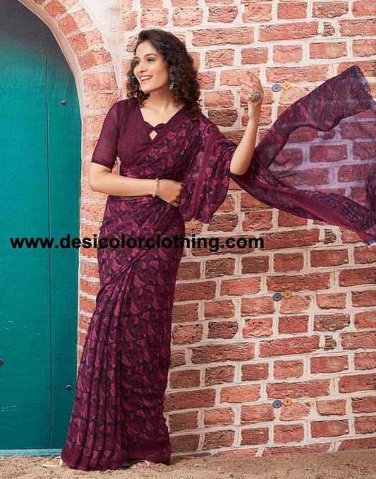 Wine Georgette Printed Sarees