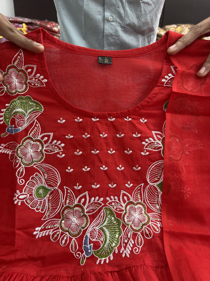 Product Image - Designer Cotton Anarkali Suit Set with Embroidered Dupatta - Festive & Wedding Wear