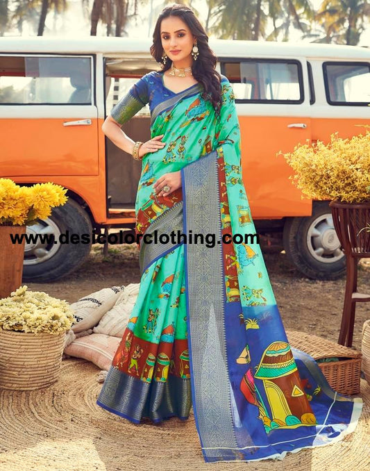 Turquoise Silk Printed Ready To Wear
