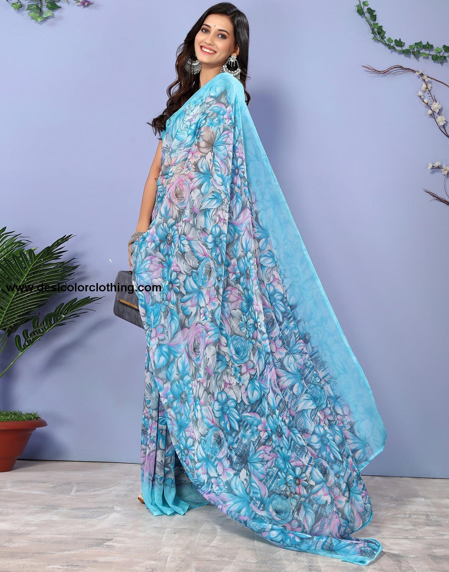 Sky Blue Georgette Floral Printed Saree