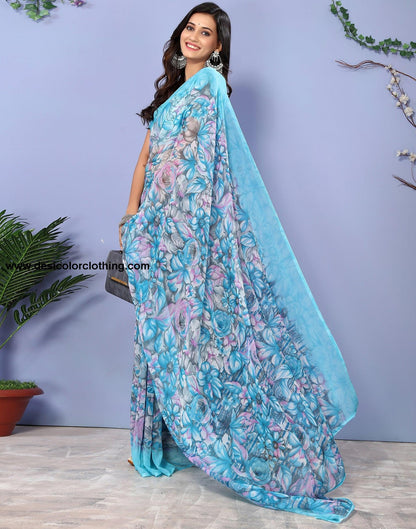 Sky Blue Georgette Floral Printed Saree